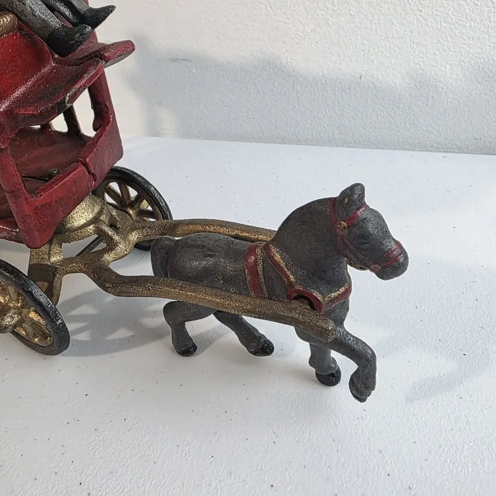 Vintage Cast Iron Horse Drawn OVERLAND Circus Wagon Toy With Tiger & Driver Read